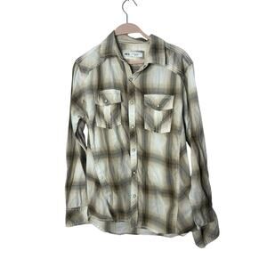 BKE Standard Fit Medium tan/brown‎ plaid pearl snap button front shirt mens